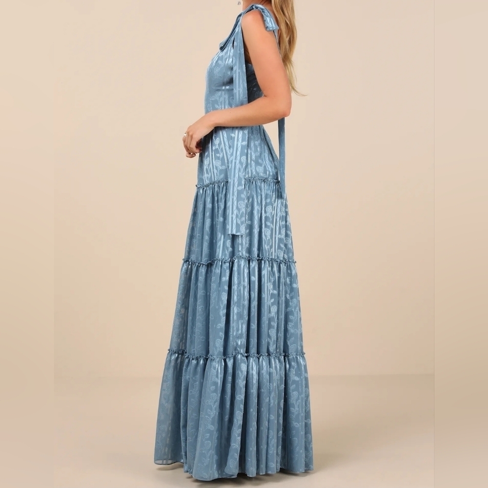Lulus Picturesque Allure Slate Blue Sleeveless Jacquard Tie-Strap Maxi Dress - Picture 3 of 11